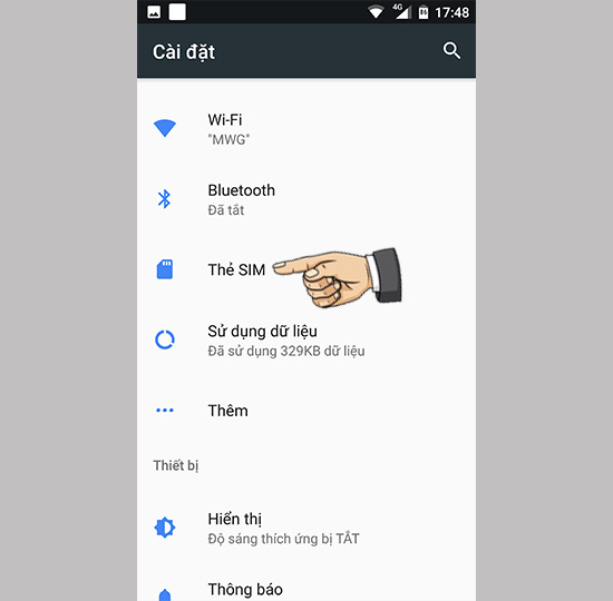 Vào thẻ Sim